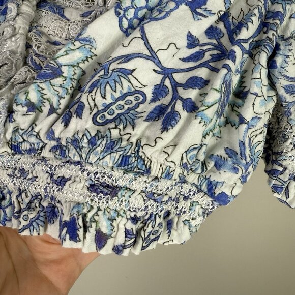 Hemant & Nandita Blue White Floral Puff Sleeve Ruffle Crop Top Boho Large - Picture 9 of 12
